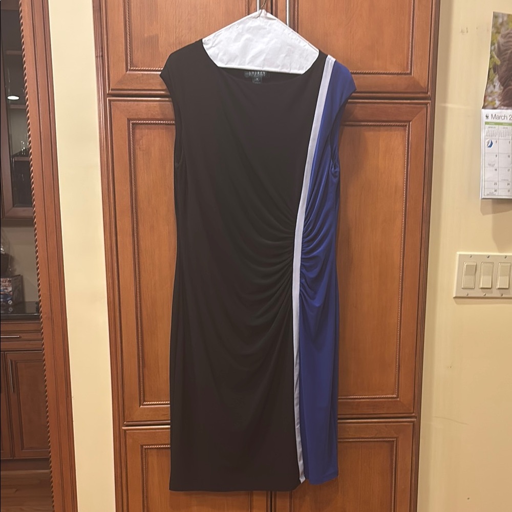 Calvin Klein Asymmetrical Black and Blue Sheath Dress